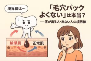 「『毛穴パックよくない』は本当？──害が出る人・出ない人の境界線」を説明するイラスト。 左側には、境界線について説明する擬人化パックキャラクター。下には“敏感肌”と“正常肌”の皮膚断面図が並び、敏感肌は赤い炎症反応が出やすく、正常肌は黒ずみだけが取れる様子を示している。 右側には、毛穴パックを使うべきか悩む女性が描かれ、肌質によりメリット・デメリットが大きく分かれることを視覚的に伝える構成。