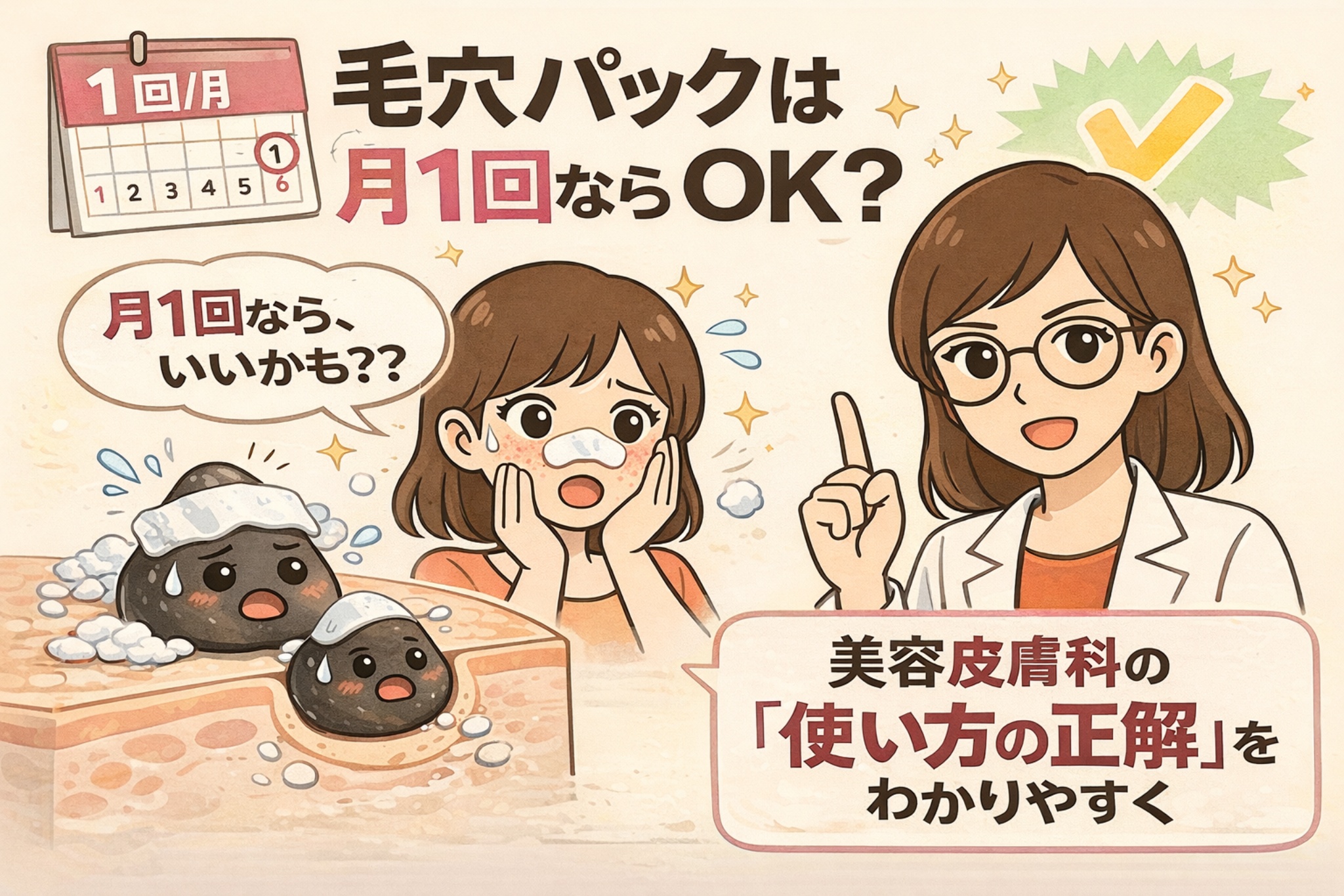 毛穴パックは月1回ならOKかを解説する美容皮膚科監修イメージ。カレンダーに「1回/月」と表示され、鼻に毛穴パックを貼って悩む女性と、白衣を着た眼鏡の女性が正しい使い方を指差しで説明している。皮膚断面図では角栓キャラクターが描かれ、やりすぎない頻度の重要性を伝える構成。