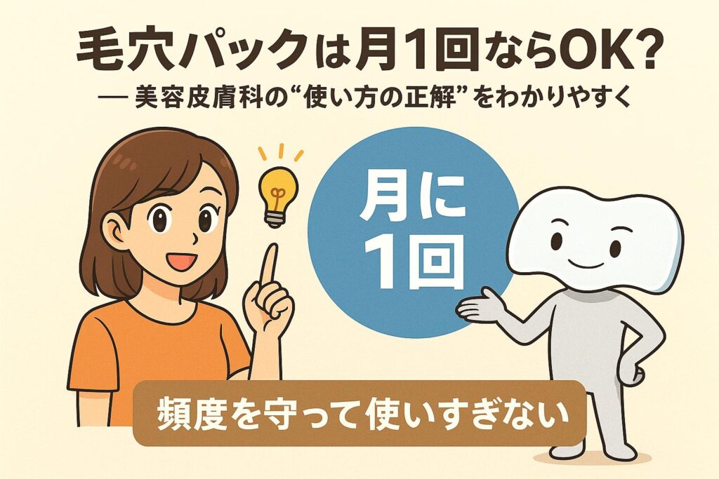 「毛穴パックは月1回ならOK？──美容皮膚科の“使い方の正解”をわかりやすく」を説明するイラスト。 左側には、毛穴パックの正しい頻度について気づきを得た女性が描かれ、頭上にはひらめきを示す電球アイコン。 中央には大きく「月に1回」と表示された青い円。 右側には毛穴パックの擬人化キャラクターが落ち着いた表情で解説している。 下部には「頻度を守って使いすぎない」というメッセージが帯で示され、毛穴パックは正しい頻度で使えば安全であることを伝える構成。