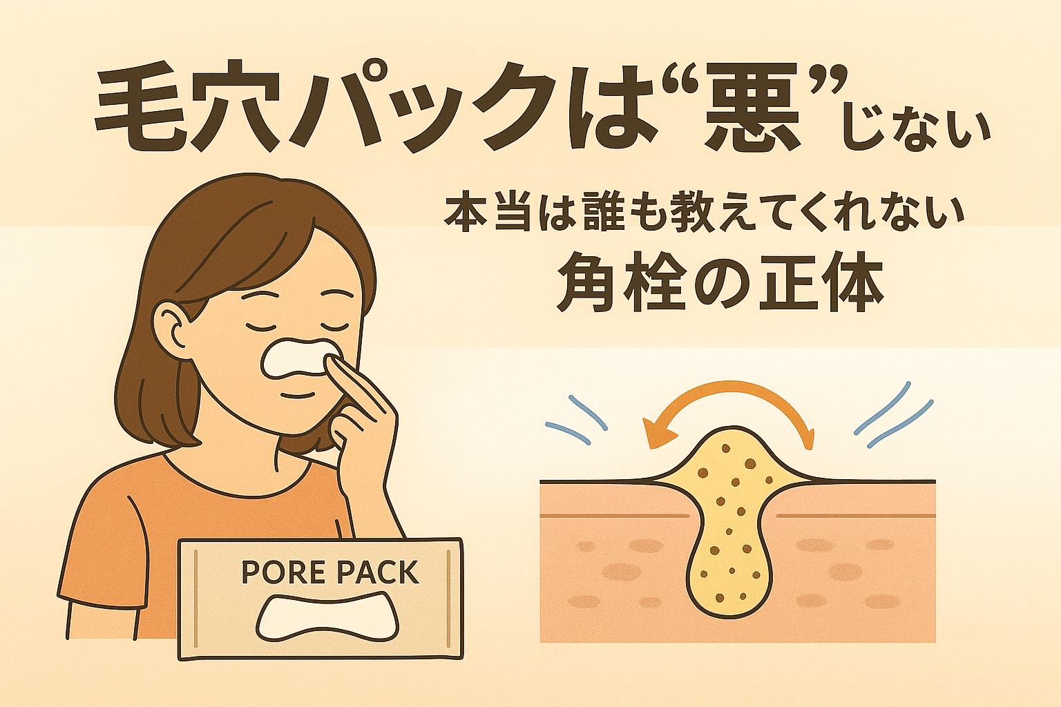 「毛穴パックは“悪”じゃない──本当は誰も教えてくれない角栓の正体」を説明するイラスト。 左側には鼻に毛穴パックを貼ってケアしている女性が描かれ、その下にはパックの箱(PORE PACK)が置かれている。 右側の皮膚断面図では、角栓が表面に盛り上がるように存在しており、パックで除去される仕組みが矢印付きで示されている。 毛穴パックが正しく使えば悪ではなく、角栓の一部を物理的に取り除く手段であることを視覚的に表した構図。