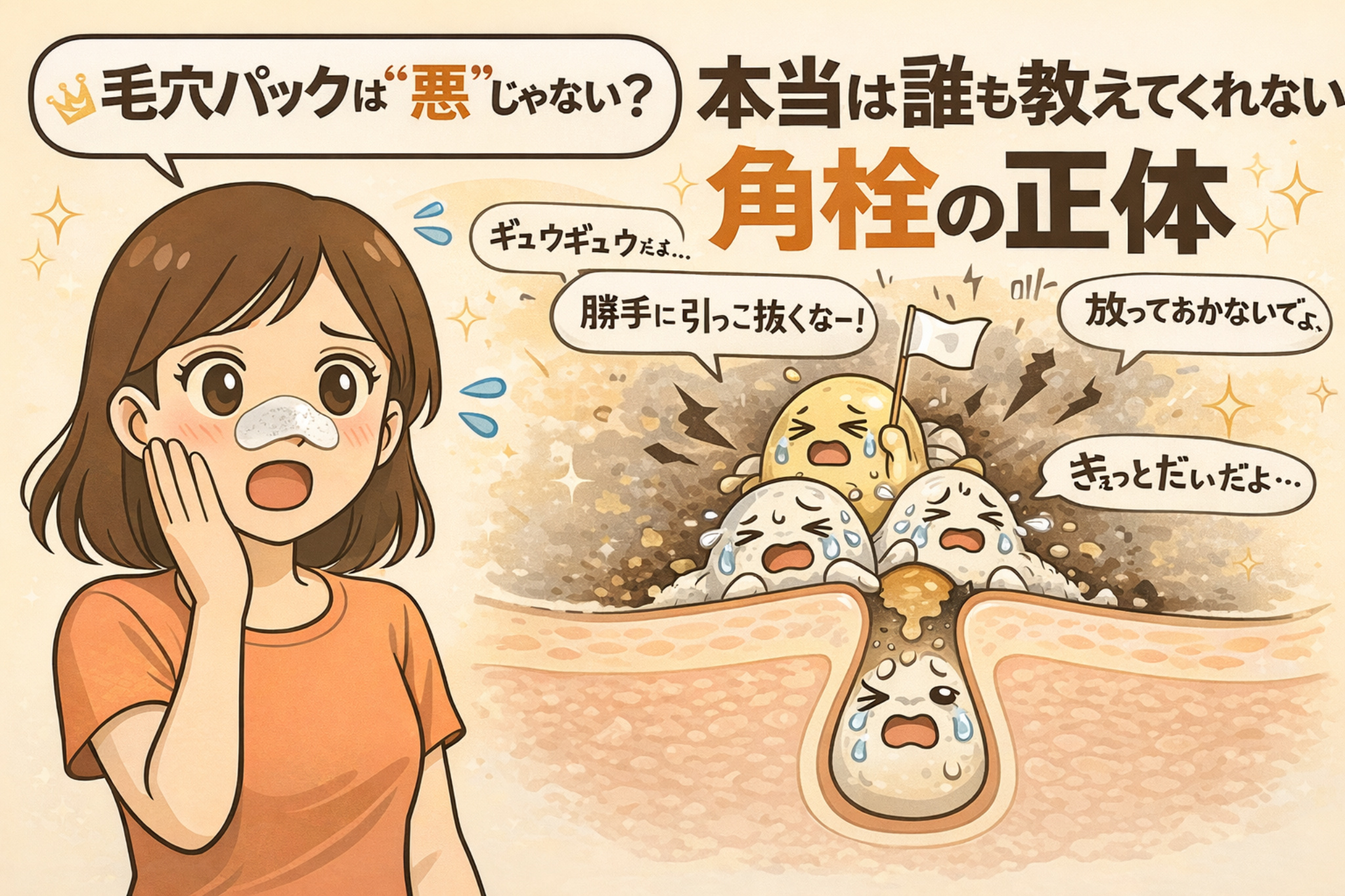 毛穴パックは悪ではないのかと悩む女性と、毛穴断面で引き抜かれそうになり悲鳴を上げる角栓たちを擬人化で描いたイラスト。角栓の正体と無理な除去の痛みを伝える構造解説ビジュアル。