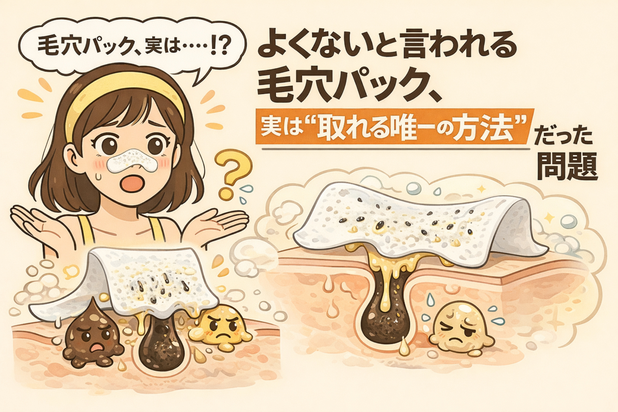 毛穴パックはよくないと言われがちだが、実は角栓を物理的に「取れる唯一の方法」でもあるという事実と、その後に起こる問題点を図解したイラスト。毛穴パックで角栓が除去される一方、再発しやすい構造を擬人化で表現している。