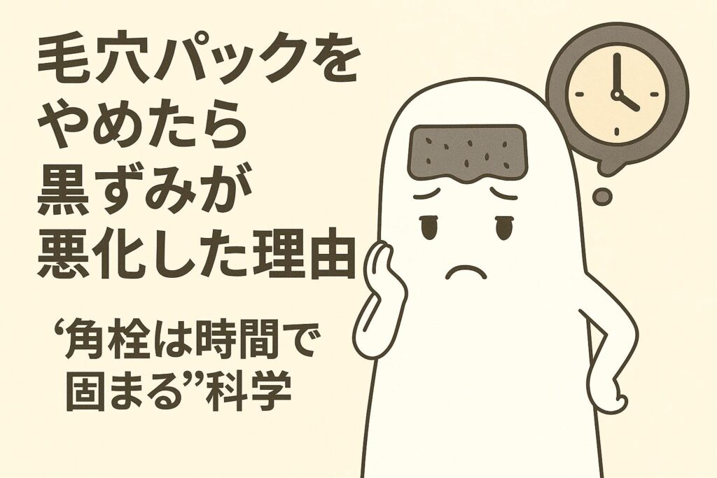 「毛穴パックをやめたら黒ずみが悪化した理由──“角栓は時間で固まる”科学」を説明するイラスト。 左側には、毛穴パックをやめた後に黒ずみが増えて悩む女性。 右側には毛穴パックのキャラクターが登場し、額に角栓がびっしり付着した状態でしょんぼりしている。 キャラの横には時計のアイコンがあり、“角栓は時間が経つほど酸化・固化しやすい”という時間経過のメカニズムを象徴している。 毛穴パックをやめると、物理的に除去されない角栓が48時間の酸化サイクルで固まり、黒ずみが悪化する仕組みを示す構成。