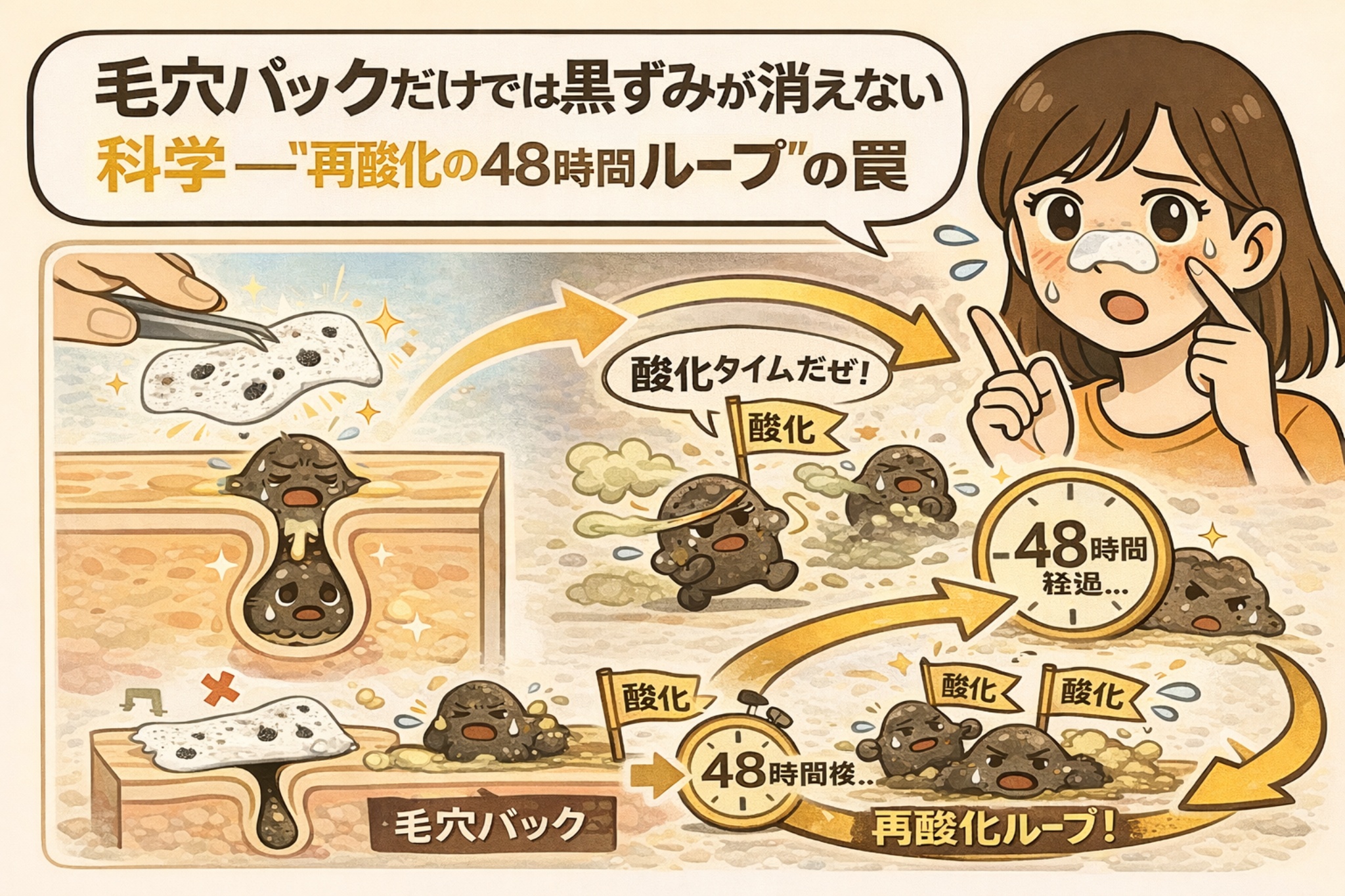 毛穴パックをしても黒ずみが再発する理由を、「再酸化の48時間ループ」という視点で解説したイラスト。角栓を除去しても皮脂が再び酸化し、48時間以内に黒ずみが戻る仕組みを、毛穴断面と時間経過の図で視覚的に示している。