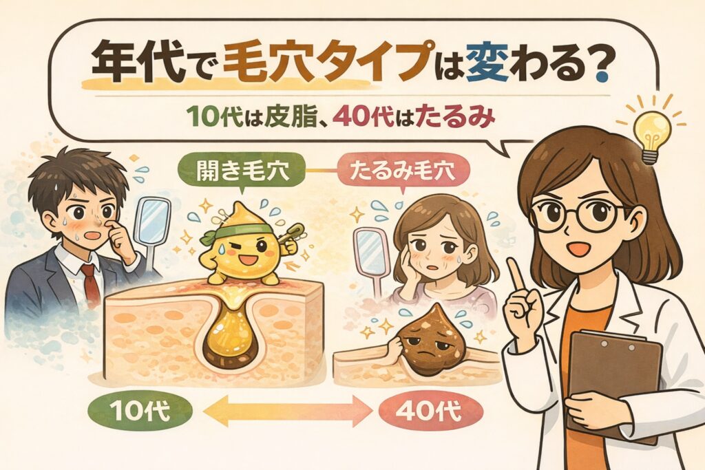 年代によって毛穴タイプが変化することを解説したイラスト。10代は皮脂分泌が多く開き毛穴になりやすい一方、40代では肌のハリ低下によるたるみ毛穴が目立つ様子を、毛穴断面図と人物イラストで比較。白衣の女性が年代別の毛穴変化を分かりやすく説明している。