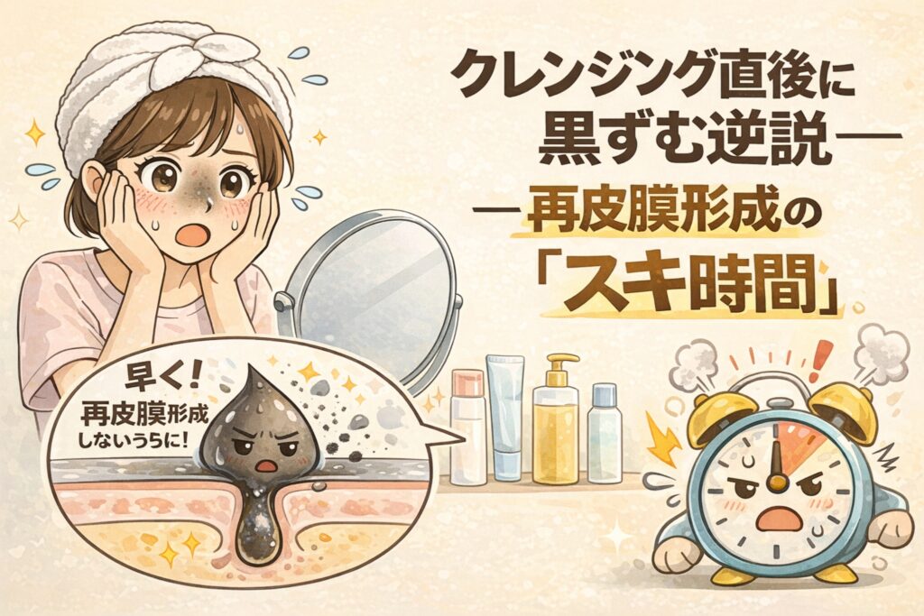 クレンジング直後に黒ずみが目立つ理由を「再皮膜形成のスキ時間」という視点で解説したイラスト。洗顔後に鏡を見て驚く女性と、毛穴断面図で皮脂膜が一時的に失われ、角栓や黒ずみが強調されやすい状態が描かれている。右側には時間経過を示す時計があり、洗顔後のケアタイミングの重要性を示唆している。