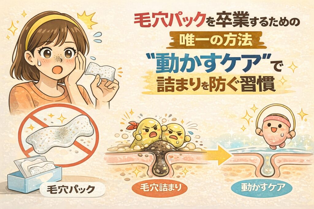 毛穴パックを卒業するための考え方として、「詰まりを取る」のではなく「動かすケア」で毛穴詰まりを防ぐ習慣を解説したイラスト。毛穴パックによる一時的な除去と再詰まりの問題点、皮脂や角栓を動かして流れを整えるケアの違いを、毛穴断面図と人物の表情で示している。