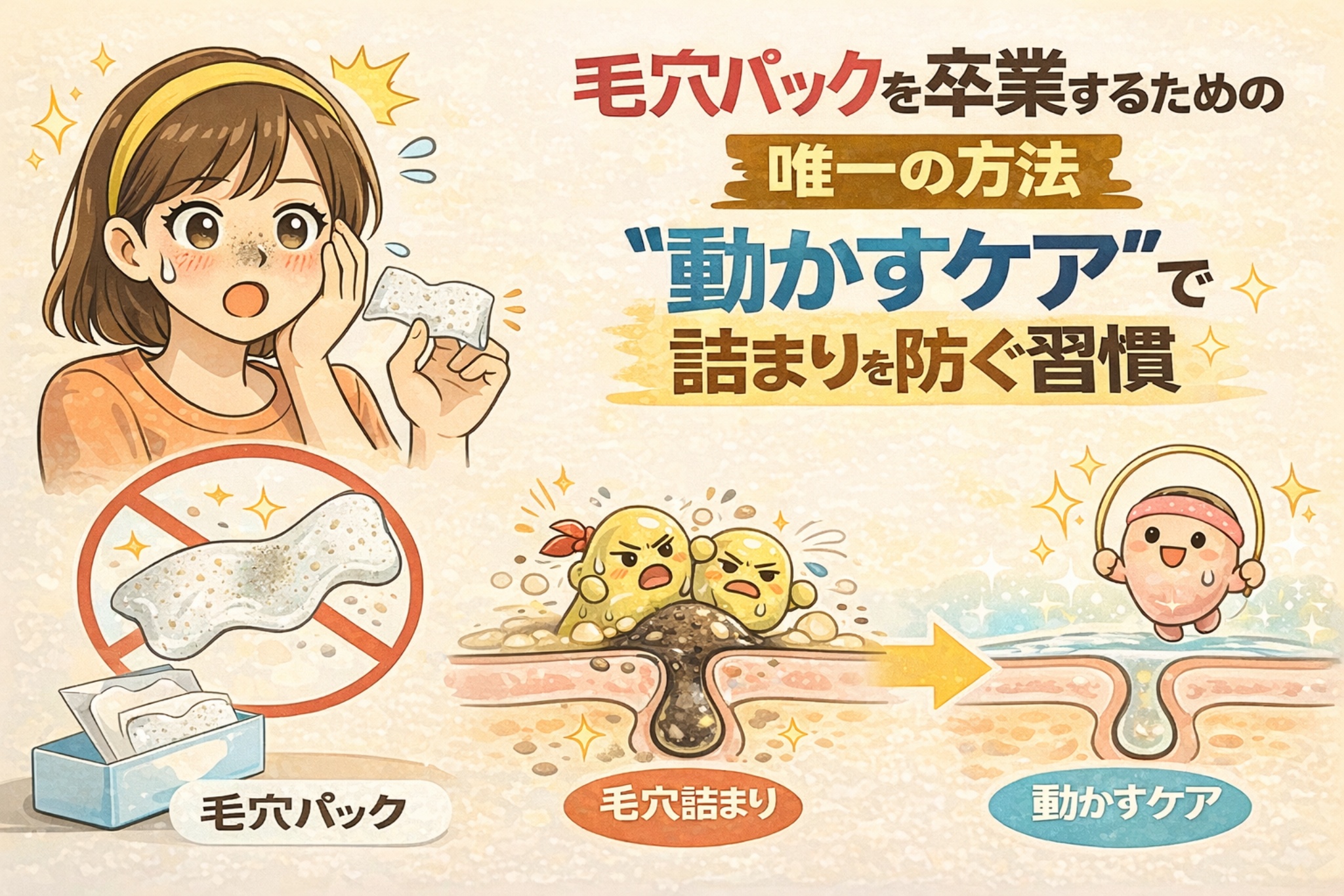 毛穴パックを卒業するための考え方として、「詰まりを取る」のではなく「動かすケア」で毛穴詰まりを防ぐ習慣を解説したイラスト。毛穴パックによる一時的な除去と再詰まりの問題点、皮脂や角栓を動かして流れを整えるケアの違いを、毛穴断面図と人物の表情で示している。