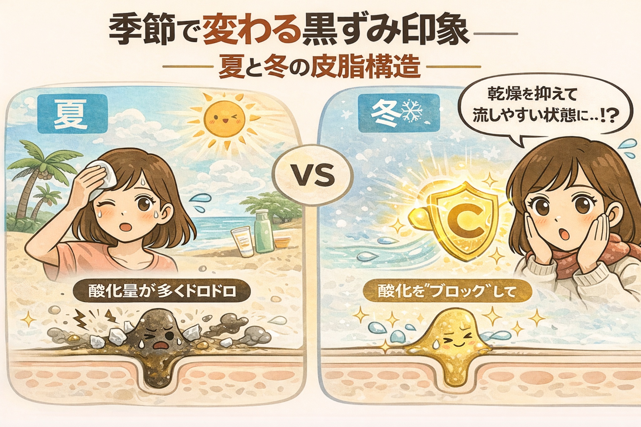 季節によって黒ずみの印象が変わる理由を、夏と冬の皮脂構造の違いで解説するイラスト。左の夏は紫外線や皮脂分泌増加により酸化量が多く、皮脂がドロドロになって黒ずみが目立ちやすい様子が描かれている。右の冬は乾燥しやすい一方で、抗酸化ケアによって酸化が抑えられ、黒ずみが目立ちにくくなる状態が示されている。季節ごとの皮脂環境と黒ずみ印象の変化を視覚的に比較した構図。