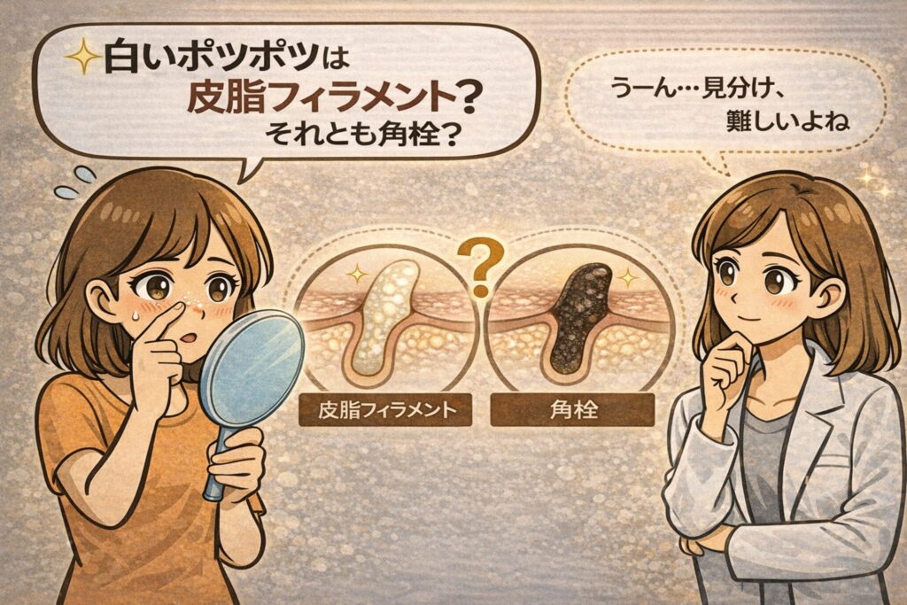 鼻の白いポツポツが皮脂フィラメントか角栓かを見分けようとする女性が、鏡を手に悩んでいるイラスト。中央には毛穴断面の図解が並び、左は白っぽい皮脂フィラメント、右は黒ずんだ角栓として対比表示。白衣で眼鏡の女性が「見分けは難しい」と補足し、違いを理解する導入となるアイキャッチ構図。