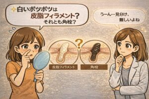 鼻の白いポツポツが皮脂フィラメントか角栓かを見分けようとする女性が、鏡を手に悩んでいるイラスト。中央には毛穴断面の図解が並び、左は白っぽい皮脂フィラメント、右は黒ずんだ角栓として対比表示。白衣で眼鏡の女性が「見分けは難しい」と補足し、違いを理解する導入となるアイキャッチ構図。