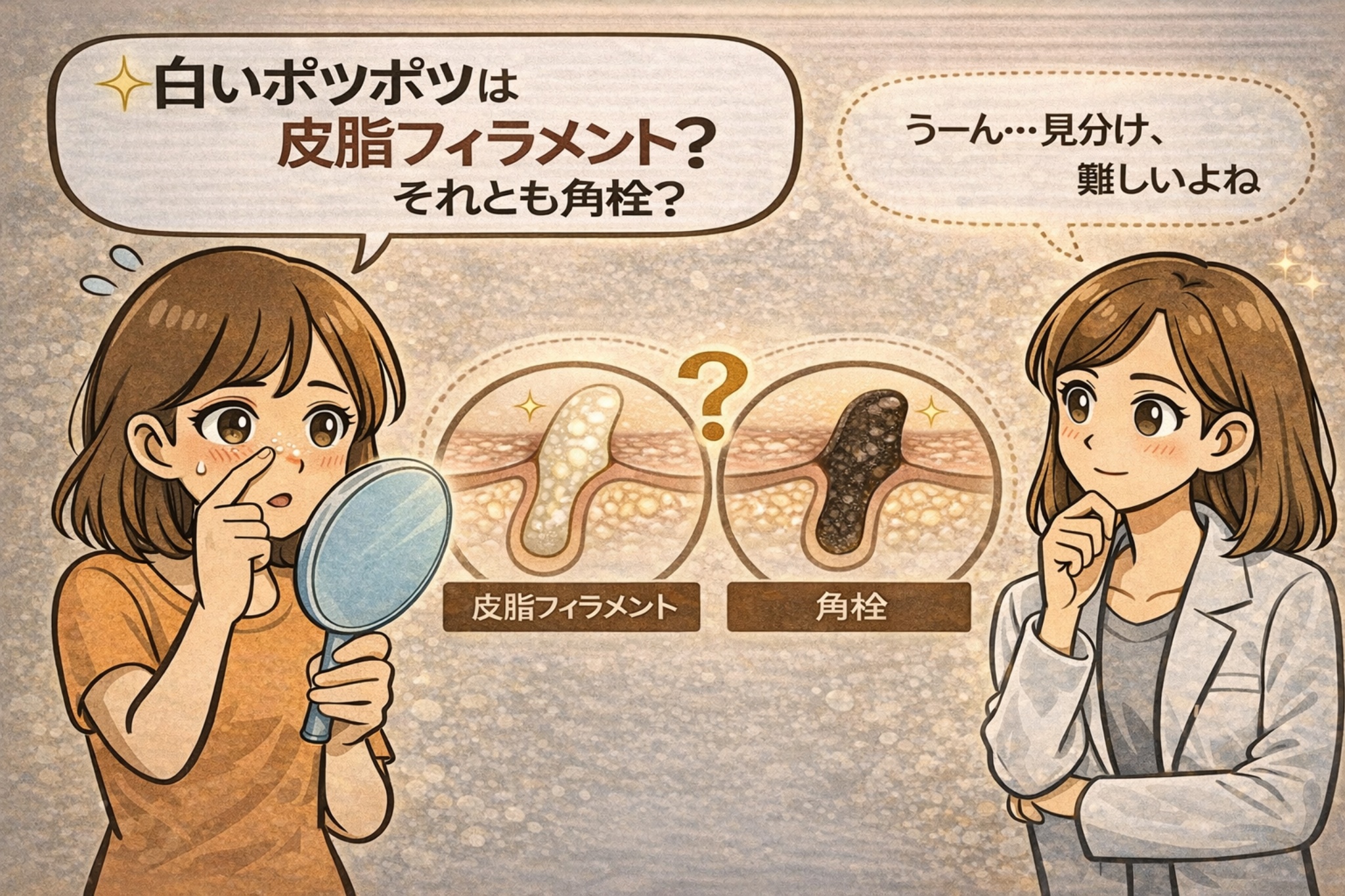鼻の白いポツポツが皮脂フィラメントか角栓かを見分けようとする女性が、鏡を手に悩んでいるイラスト。中央には毛穴断面の図解が並び、左は白っぽい皮脂フィラメント、右は黒ずんだ角栓として対比表示。白衣で眼鏡の女性が「見分けは難しい」と補足し、違いを理解する導入となるアイキャッチ構図。