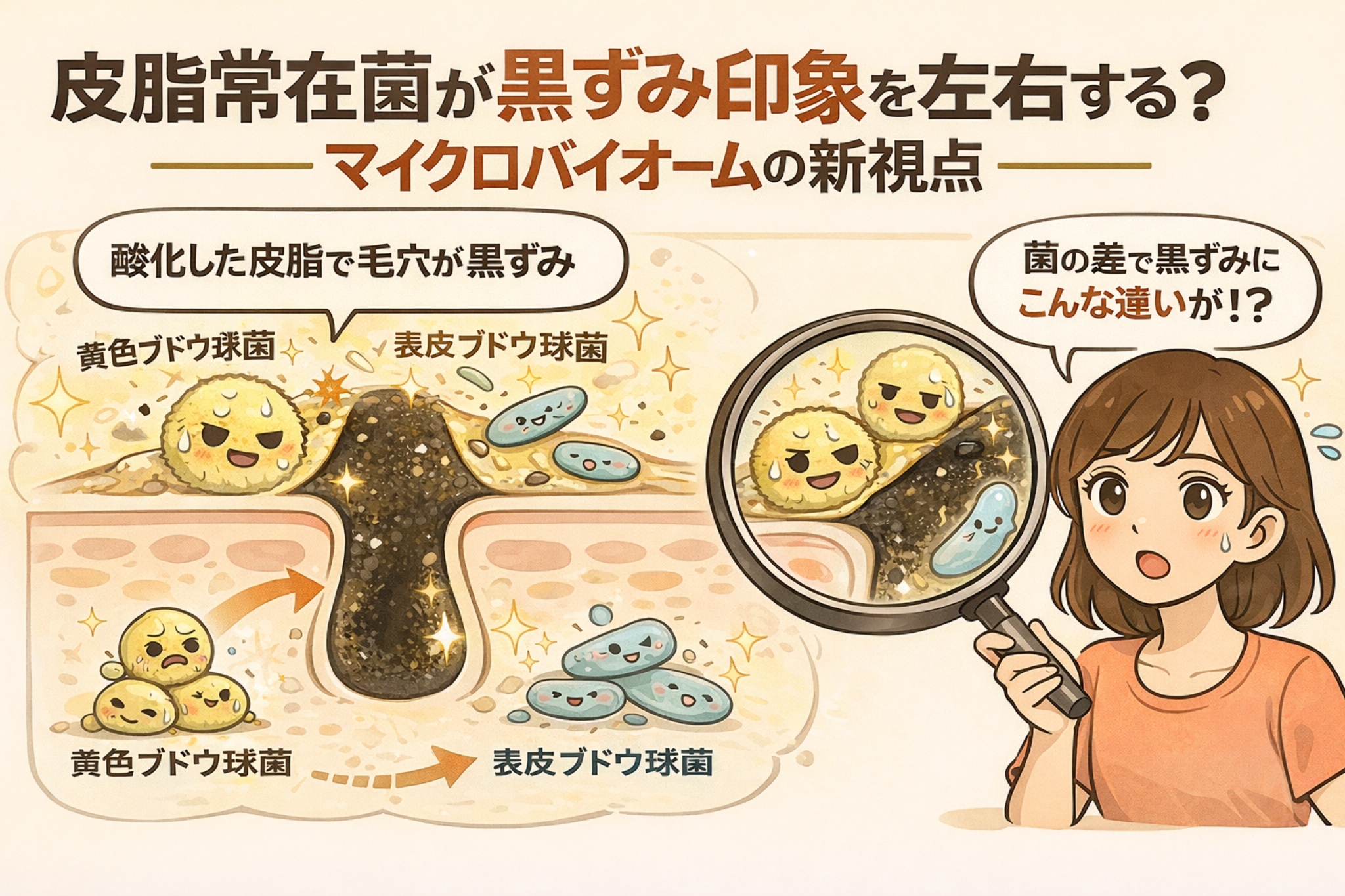 皮脂常在菌(マイクロバイオーム)が黒ずみの見え方に影響する仕組みを解説するイラスト。毛穴断面図で、酸化した皮脂に黄色ブドウ球菌や表皮ブドウ球菌が関与し、菌のバランスによって黒ずみの濃さや印象が変わる様子が描かれている。右側では拡大鏡を持った女性が菌の違いによる黒ずみの差を観察しており、黒ずみは汚れだけでなく皮脂と常在菌の相互作用で左右されることを示している構図。