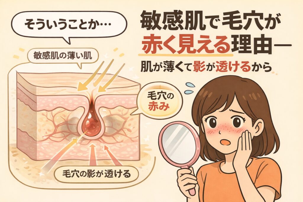 敏感肌では肌が薄いため毛穴周囲の血管や影が透け、毛穴が赤く見える理由を解説した日本風2Dフラットイラスト。肌断面図で薄い角質層と毛穴の赤みを示し、鏡を見て頬の赤みを気にする女性の様子を組み合わせて描いている。