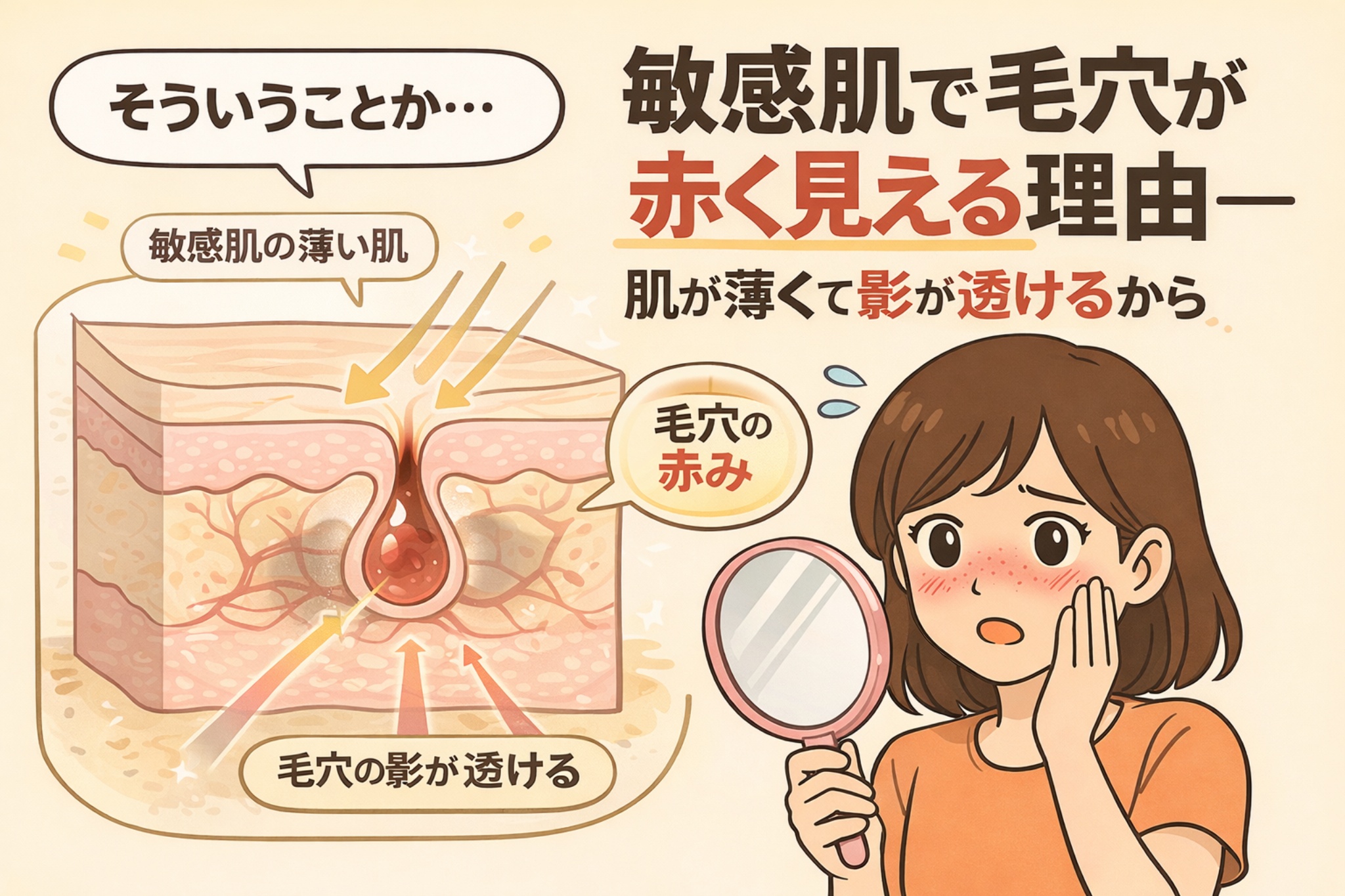 敏感肌では肌が薄いため毛穴周囲の血管や影が透け、毛穴が赤く見える理由を解説した日本風2Dフラットイラスト。肌断面図で薄い角質層と毛穴の赤みを示し、鏡を見て頬の赤みを気にする女性の様子を組み合わせて描いている。