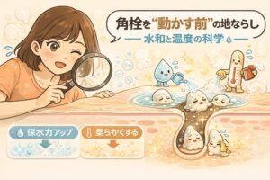 角栓を「動かす前」に行う地ならしとして、水分と温度で角栓を柔らかくする仕組みを解説するイラスト。左では女性が拡大鏡で毛穴断面を観察し、中央では水分補給による保水力アップと温度による柔軟化が矢印で示されている。右側では水滴や温度計のキャラクターが角栓に働きかけ、硬い角栓がゆるみ流れやすくなる様子が描かれている。角栓ケアは削る前に整える工程が重要であることを視覚的に説明する構図。
