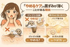「やめるケア」で黒ずみが薄く見える理由を解説するイラスト。左ではゴシゴシ洗顔によって毛穴が傷つき、黒ずみが目立つ状態が描かれている。中央では「ゴシゴシ洗顔をやめる！」と示され、過剰な洗浄を中止する流れが表現されている。右側では肌のバリアが整い、毛穴がなめらかになって黒ずみが薄く見える様子が描かれ、肌荒れ回復とラガガ効果による見た目改善を示す構図。