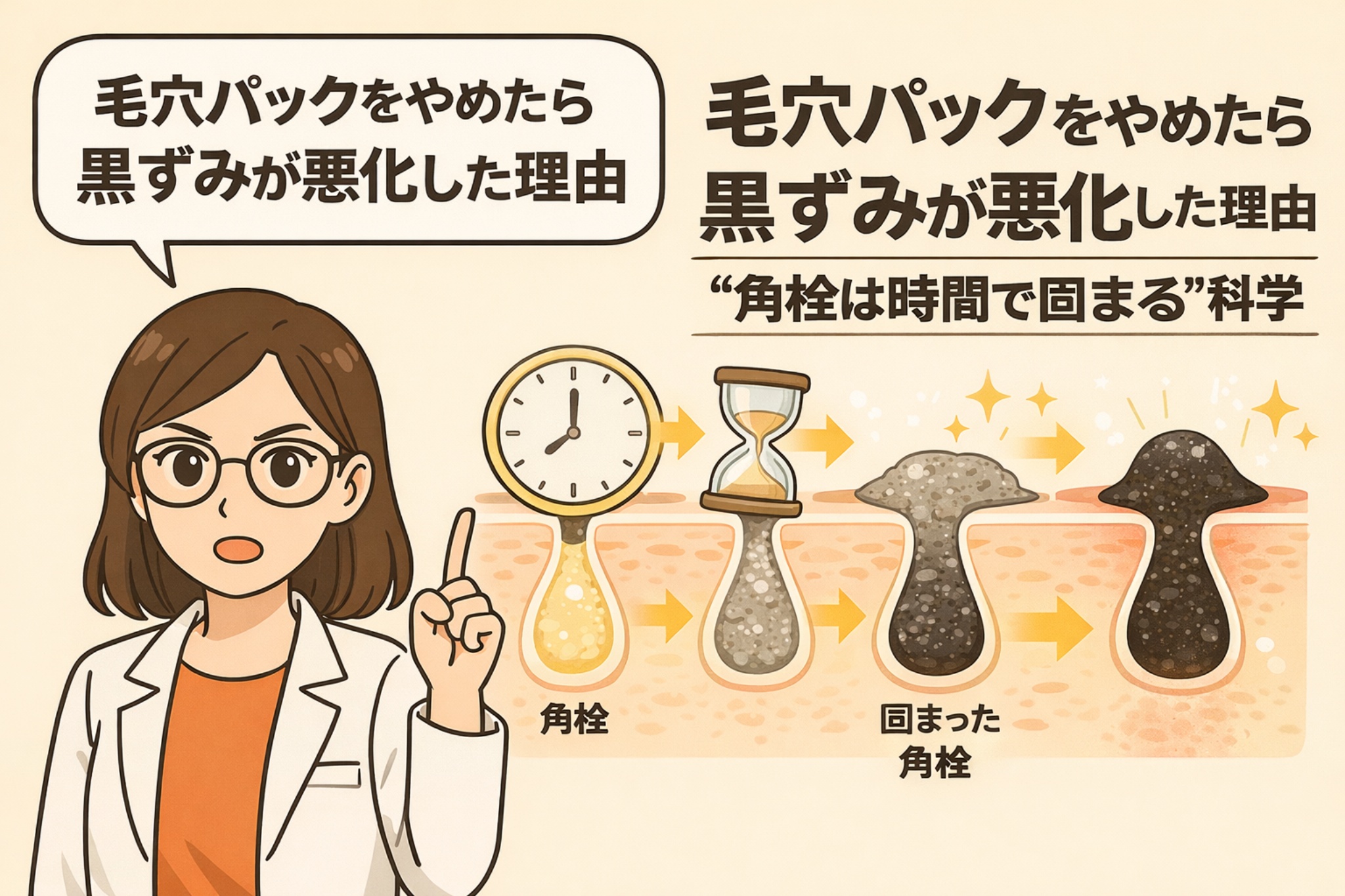 毛穴パックをやめた後に黒ずみが悪化した理由を解説するイラスト。角栓が時間の経過とともに固まり、除去されずに黒ずみとして目立つようになる過程を、時計や砂時計、毛穴断面図で示している。