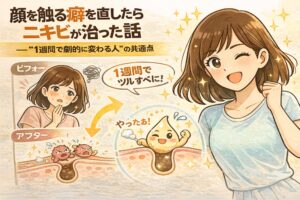 顔を触る癖をやめたことでニキビが改善した体験を描いたイラスト。無意識に顔を触っていたビフォーの肌状態と、1週間でツルツルに変化したアフターの様子を対比し、接触刺激を減らすことがニキビ改善につながる共通点を、人物と毛穴断面の図解で表現している。