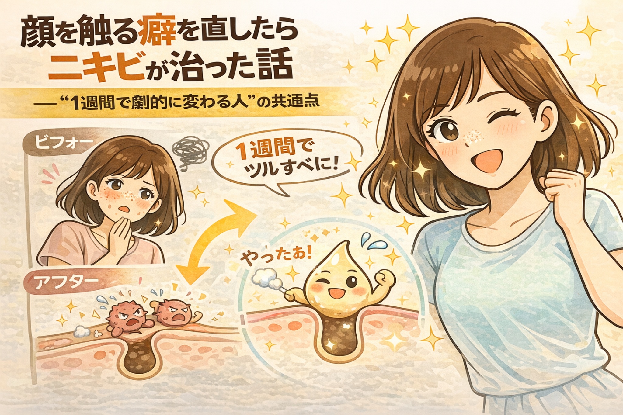 顔を触る癖をやめたことでニキビが改善した体験を描いたイラスト。無意識に顔を触っていたビフォーの肌状態と、1週間でツルツルに変化したアフターの様子を対比し、接触刺激を減らすことがニキビ改善につながる共通点を、人物と毛穴断面の図解で表現している。