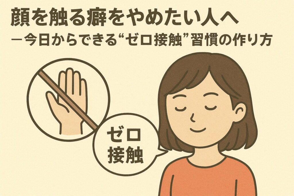 「顔を触る癖をやめたい人へ──今日からできる“ゼロ接触”習慣の作り方」を説明するイラスト。 左側には、手で顔を触る行為に禁止マークが付いたアイコン。 その下には「ゼロ接触」と書かれた吹き出し。 右側には、顔に触らず穏やかな表情で過ごす女性が描かれており、無意識の接触を減らして肌荒れを防ぐ習慣づくりを示す構成。