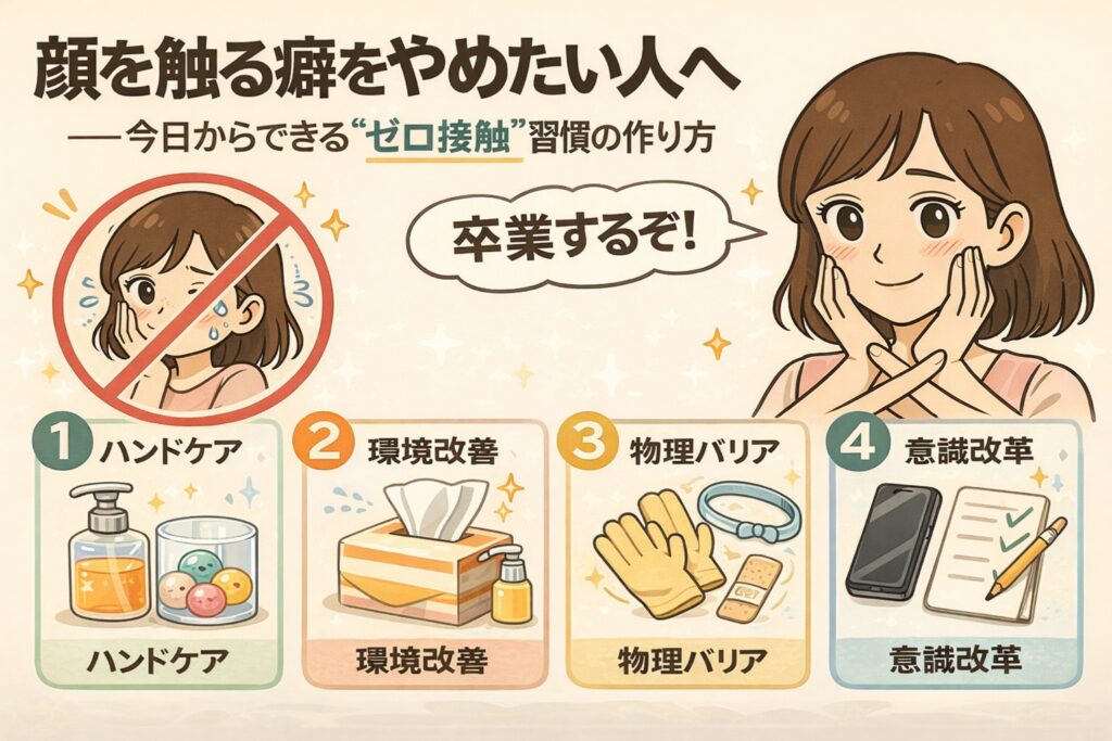 顔を触る癖をやめたい人向けに、「ゼロ接触」習慣の作り方を解説する図解イラスト。顔に触れる行為を禁止マークで示し、ハンドケア、環境改善、物理バリア、意識改革の4ステップで無意識の接触を減らす方法を紹介している。両手を胸の前で交差させて決意を示す女性が描かれている。