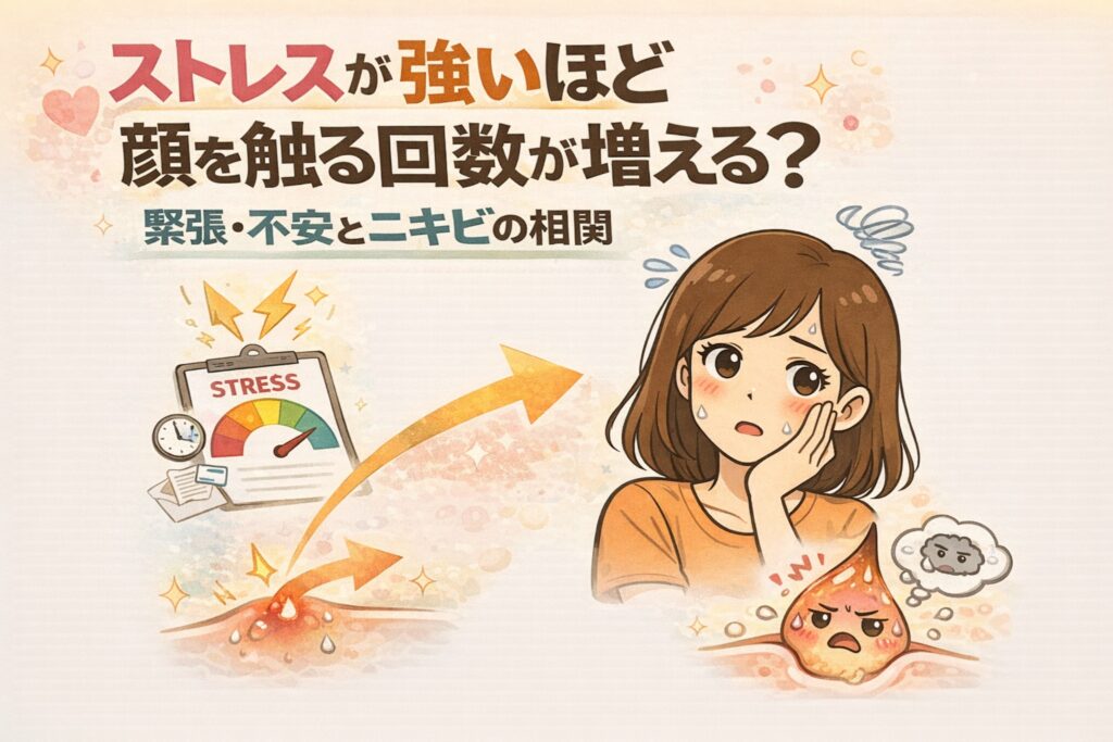 ストレスが強いほど無意識に顔を触る回数が増えることと、ニキビとの相関を示したイラスト。ストレスメーターの上昇とともに皮膚への刺激が増え、悩んだ表情の女性と擬人化された皮脂・ニキビが描かれている。