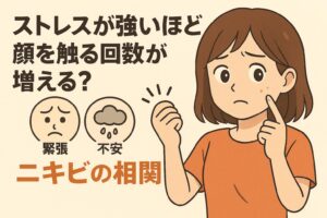 ストレスが強いほど顔を触る回数が増える理由を示すイラスト。緊張や不安のアイコンが並び、女の子が無意識に頬のニキビを触ってしまっている様子が描かれている。