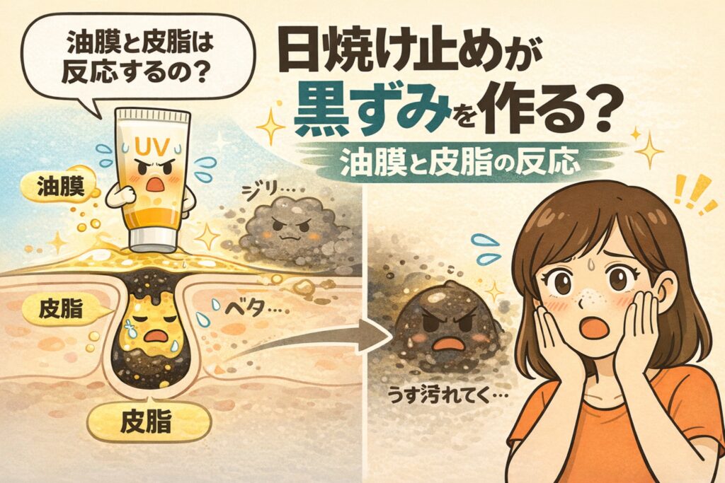 日焼け止めが黒ずみを作るように見える理由を、「油膜」と「皮脂」の反応という視点で解説した図解イラスト。日焼け止め（UV）による油膜が皮膚表面に形成され、毛穴内の皮脂と混ざってベタつきやすくなり、結果として黒ずみが目立って見える過程を、毛穴断面図と擬人化キャラクターで表現している。右側では女性が頬の黒ずみを気にする様子が描かれ、日焼け止め使用後に起きやすい毛穴変化を分かりやすく示した教育的ビジュアル。