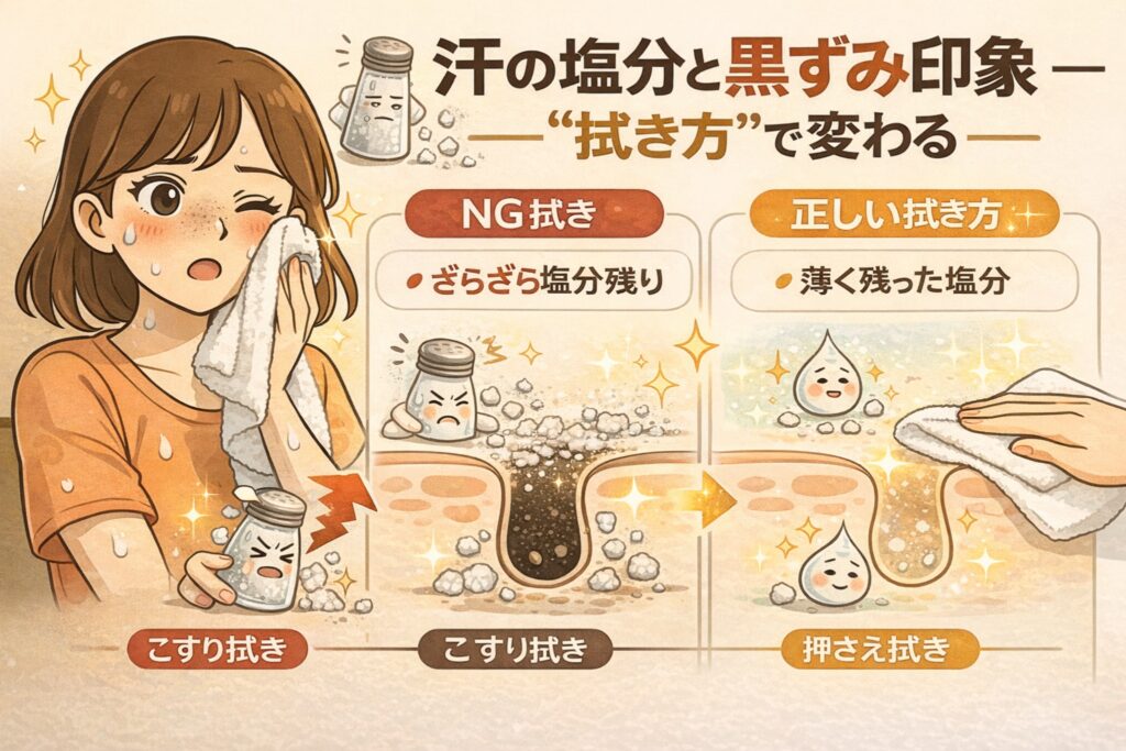 汗に含まれる塩分が黒ずみの見え方に影響し、「拭き方」によって印象が変わることを解説するイラスト。左では汗をこすって拭くことで塩分がざらざらと残り、毛穴周りが刺激されて黒ずみが目立つ様子が描かれている。右ではタオルでやさしく押さえるように拭くことで塩分が薄く残り、毛穴への負担が少なく黒ずみが目立ちにくくなる状態が示されている。汗処理の仕方が黒ずみ印象を左右することを視覚的に説明する構図。