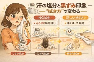 汗に含まれる塩分が黒ずみの見え方に影響し、「拭き方」によって印象が変わることを解説するイラスト。左では汗をこすって拭くことで塩分がざらざらと残り、毛穴周りが刺激されて黒ずみが目立つ様子が描かれている。右ではタオルでやさしく押さえるように拭くことで塩分が薄く残り、毛穴への負担が少なく黒ずみが目立ちにくくなる状態が示されている。汗処理の仕方が黒ずみ印象を左右することを視覚的に説明する構図。