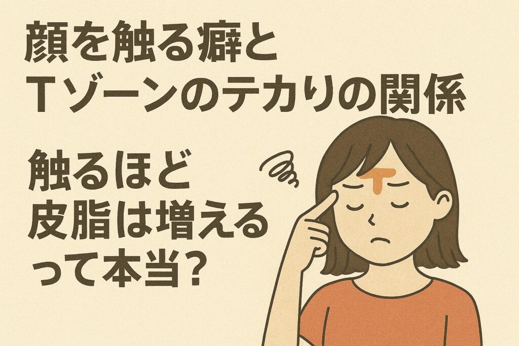 「顔を触る癖とTゾーンのテカリの関係」という見出しの横で、額のTゾーンを気にして困り顔の女性が指でこめかみを触れているイラスト。“触るほど皮脂は増えるって本当？”という問いかけが添えられ、触る癖と皮脂分泌の悪化を示唆するデザイン。