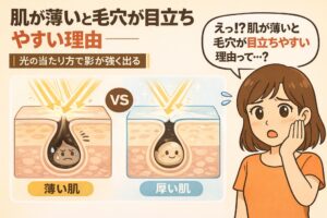 肌が薄いと毛穴が目立ちやすい理由を解説するイラスト。光の当たり方によって毛穴の影が強調される様子を、薄い肌と厚い肌の断面図で比較している。右側には頬に手を当てて驚く女性が描かれ、視覚的に「肌の厚みと毛穴の見え方の違い」を伝えている。