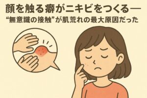 「顔を触る癖がニキビをつくる──“無意識の接触”が肌荒れの最大原因だった」を説明するイラスト。 左側には手で何度も顔を触ることでニキビが悪化する様子を示した吹き出しイラストがあり、赤く炎症したニキビが描かれている。 右側には無意識に頬を触る女性が悩んだ表情で描かれ、触るクセが肌トラブルの原因になることを象徴している構成。