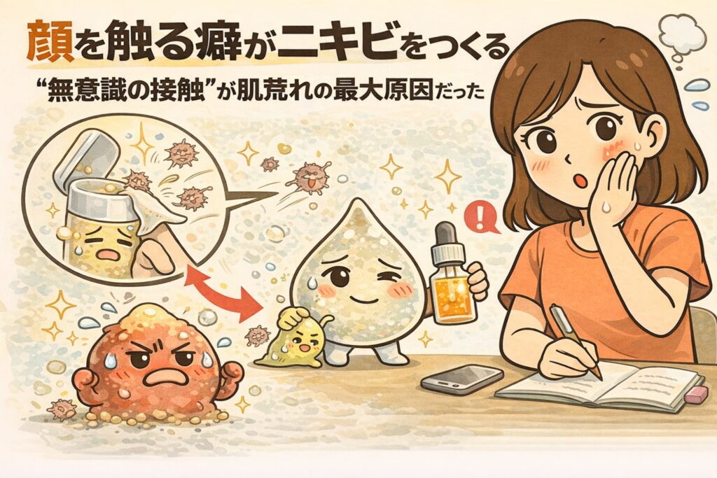 顔を触る癖がニキビを引き起こす原因になることを解説した日本風2Dフラットイラスト。無意識の手指接触によって雑菌や刺激が毛穴に入り、炎症や肌荒れが悪化する流れを、擬人化キャラクターと勉強中の女性のシーンで分かりやすく描いている。