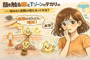 顔を触る癖とTゾーンのテカリ・皮脂増加の関係を解説したイラスト。無意識に顔を触る刺激や摩擦、温度上昇によって皮脂分泌が活発になり、特にTゾーンで皮脂が増えやすくなる仕組みを、毛穴断面図と悩む女性の表情で分かりやすく表現している。