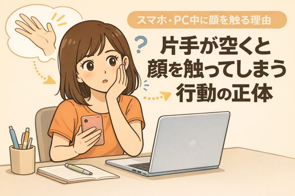スマホやPC作業中に、無意識に片手で顔を触ってしまう行動の正体を解説したイラスト。空いた手の行き場として頬に触れる癖が生じやすく、接触刺激が肌トラブルの一因になる様子を人物と作業シーンで示している。
