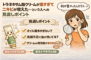 トラネキサム酸クリームが重すぎてニキビが増えたと感じる人向けの見直しポイントを解説するイラスト。オイル量の多さ、洗顔後に油分が残っていないか、クリームの使用量が多すぎないかといったチェック項目を示し、鏡で肌状態を確認する女性とトラネキサム酸クリームのイメージが描かれている。
