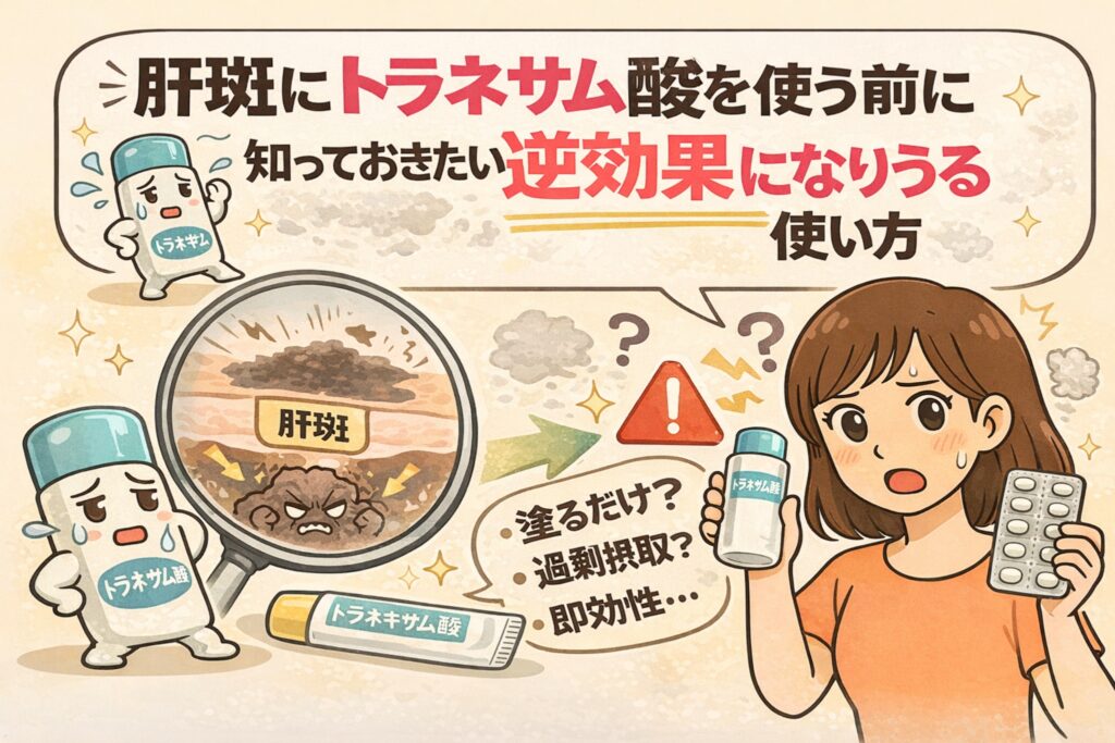 肝斑にトラネキサム酸を使う前に注意したい、逆効果になり得る使い方を解説するイラスト。肝斑部分を拡大した図、塗布用と内服用のトラネキサム酸を手に迷う女性、警告マークや疑問符が描かれ、塗るだけで改善しようとすることや過剰摂取、即効性を期待しすぎる使い方への注意点を示している。