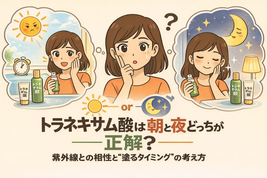 トラネキサム酸は朝と夜どちらに使うべきかを解説するイラスト。日中の紫外線をイメージした朝使用の場面と、月とランプが描かれた夜使用の場面を対比し、中央で迷う女性が描かれている。紫外線との相性や塗るタイミングの考え方を分かりやすく示した構図。