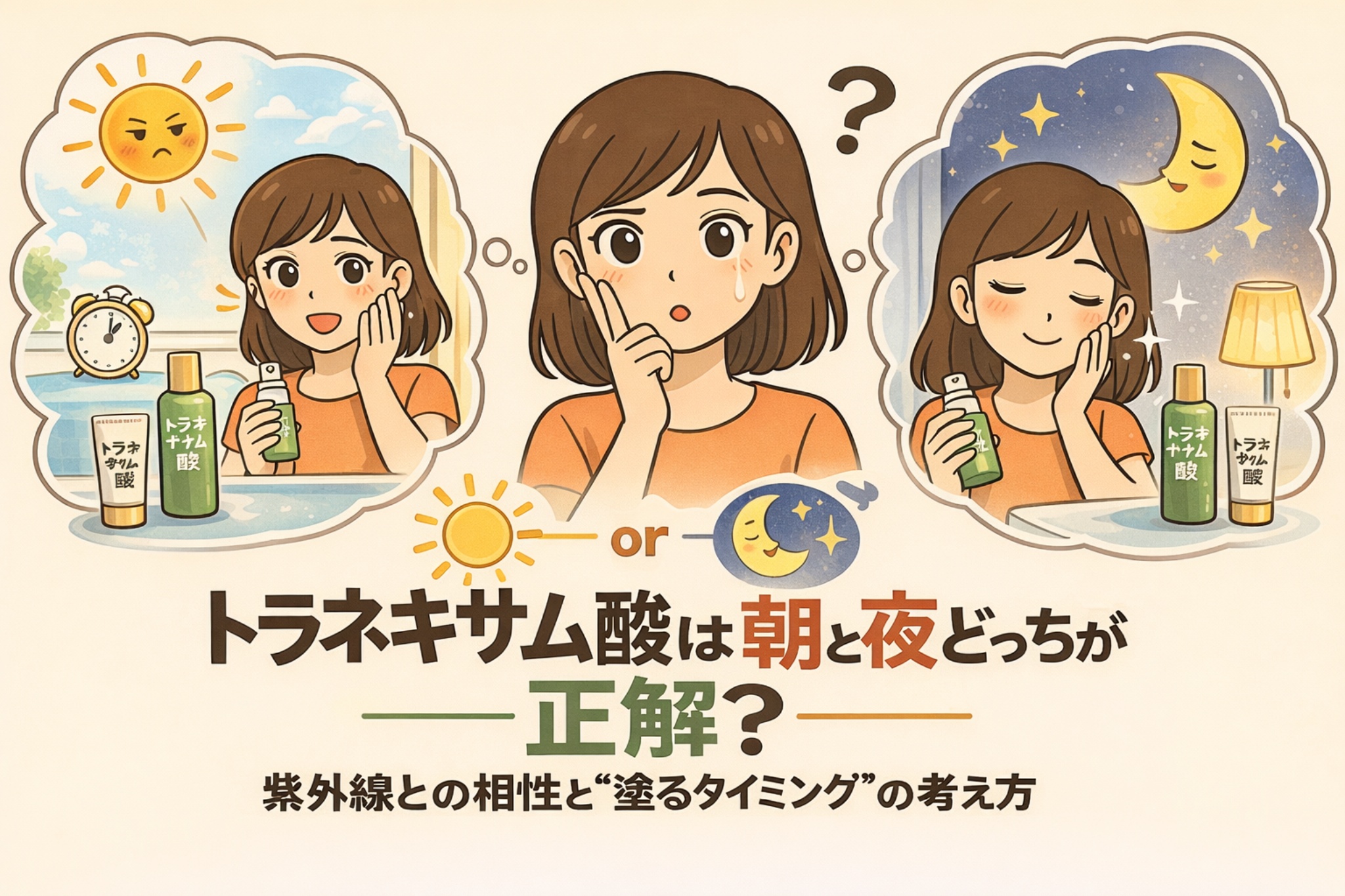 トラネキサム酸は朝と夜どちらに使うべきかを解説するイラスト。日中の紫外線をイメージした朝使用の場面と、月とランプが描かれた夜使用の場面を対比し、中央で迷う女性が描かれている。紫外線との相性や塗るタイミングの考え方を分かりやすく示した構図。