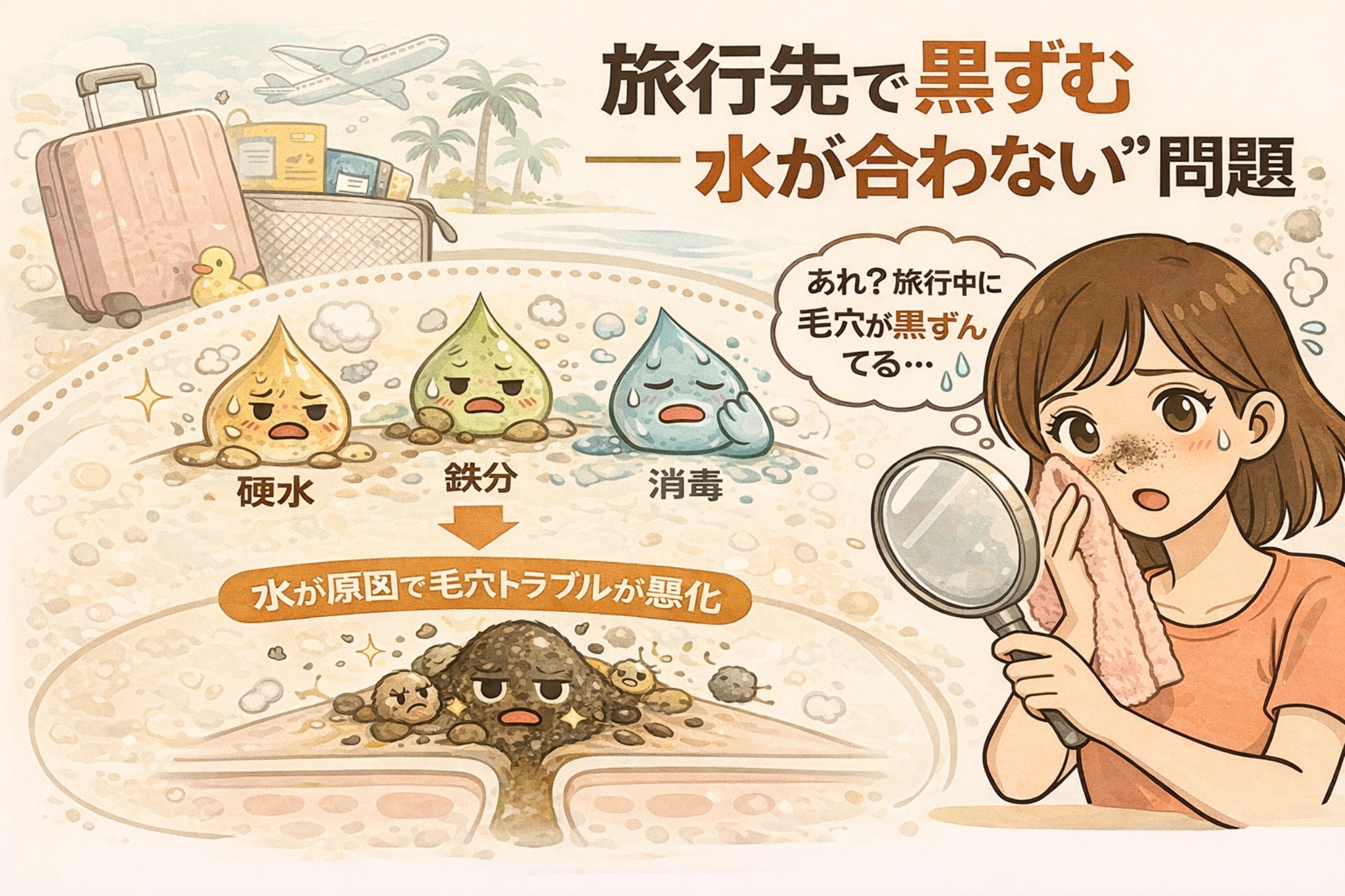 旅行先で黒ずみが目立ちやすくなる原因を「水が合わない問題」として解説するイラスト。硬水・鉄分・消毒成分といった水質の違いがキャラクターで示され、水が原因で毛穴トラブルが悪化する流れが描かれている。下部には毛穴断面図で、皮脂と不純物が混ざって黒ずみが進行する様子が表現され、右側では鏡を持った女性が旅行中に黒ずみが気になる様子を確認している構図。