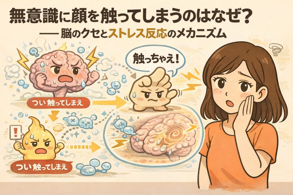 無意識に顔を触ってしまう理由を解説した図解イラスト。脳のクセやストレス反応によって手が顔に伸びる仕組みを、脳・手・皮脂の擬人化表現と流れ図で示し、無意識行動が肌トラブルにつながる構造を分かりやすく説明している。