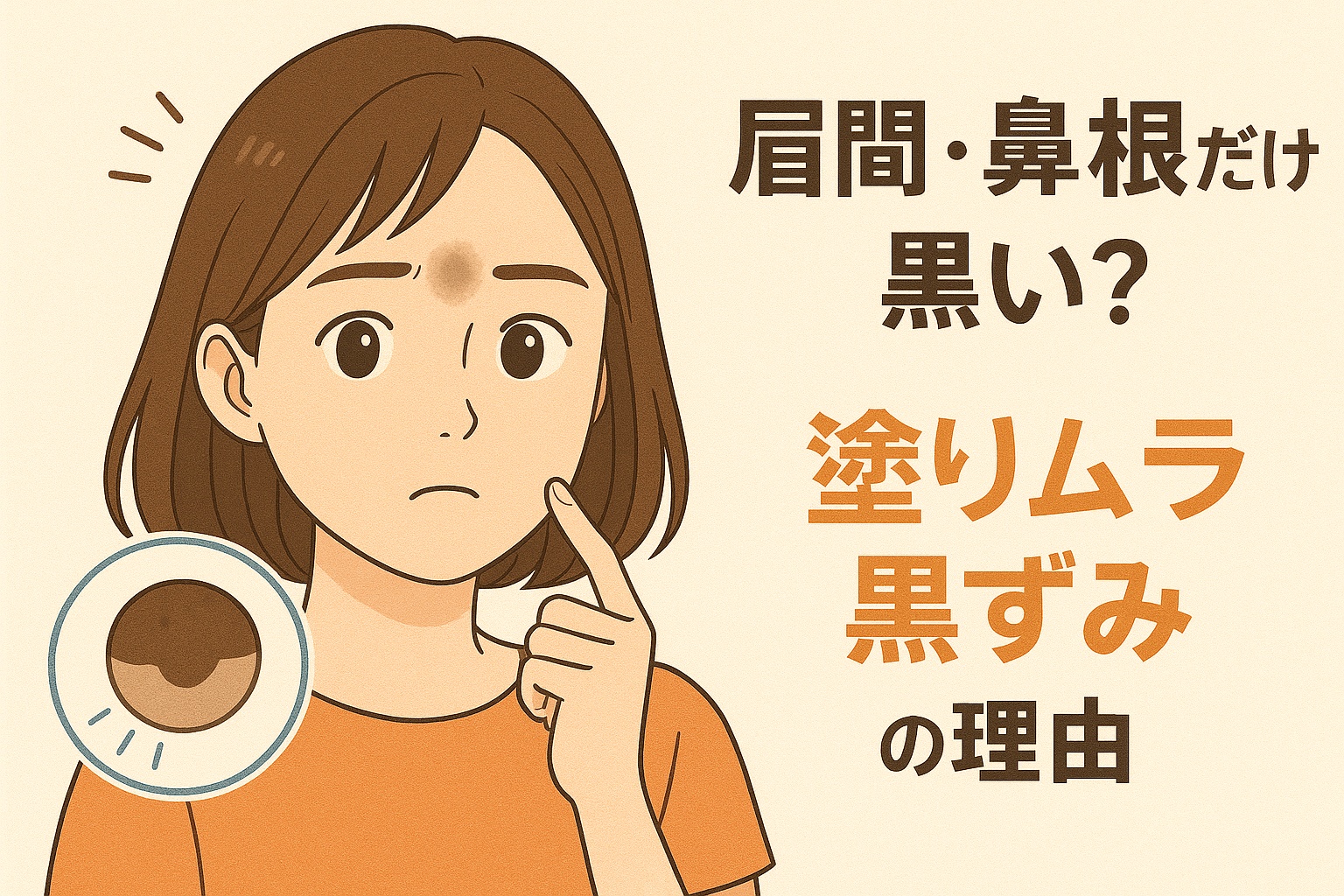 「眉間・鼻根だけ黒い？塗りムラ黒ずみの理由」というタイトルの横で、眉間の黒ずみを気にして指で触れながら困った表情の女性のイラスト。左下には、ファンデーションの塗りムラによって影が強調され黒ずんで見える仕組みを示す円形の拡大図が描かれている。