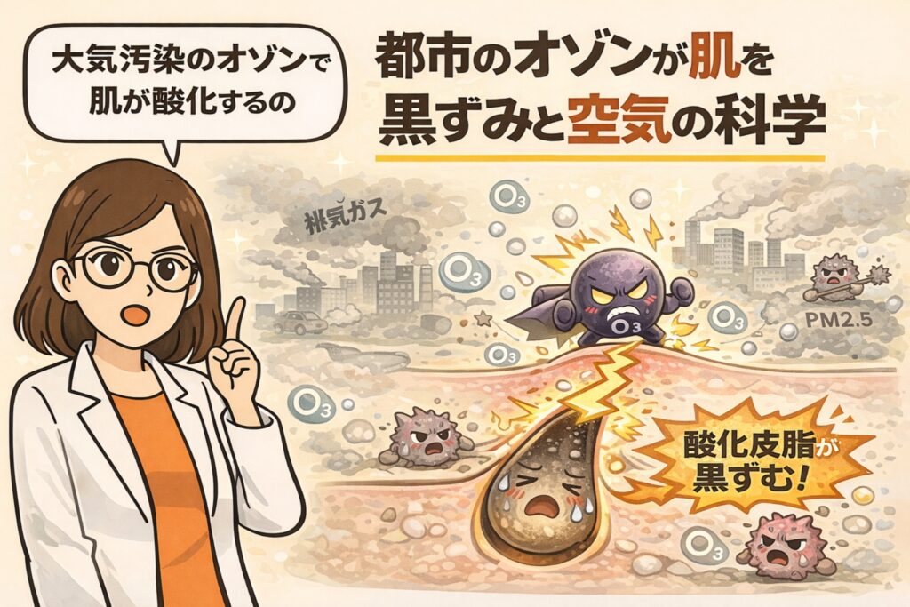 都市部の大気汚染によるオゾンが肌を酸化させ、毛穴の皮脂が黒ずむ仕組みを図解したイラスト。白衣の女性が解説役となり、排気ガスやPM2.5、オゾン（O₃）が皮膚表面に影響を与え、毛穴内の皮脂が酸化して黒角栓になる様子を、擬人化キャラクターと断面図で分かりやすく表現している教育的ビジュアル。