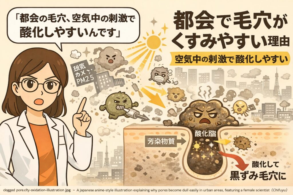 都市部で毛穴がくすみやすい理由を解説した図解イラスト。白衣の女性研究者が解説役となり、排気ガスやPM2.5、紫外線など空気中の刺激が毛穴内の皮脂を酸化させ、黒ずみ毛穴につながる過程を断面図と擬人化キャラクターで表現している。都市環境による酸化ストレスと毛穴くすみの関係を分かりやすく示した教育的ビジュアル。