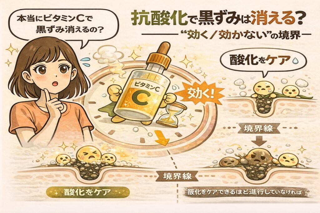 抗酸化ケアで黒ずみが消えるかを、ビタミンCの作用範囲と「効く／効かない境界線」で解説するイラスト。中央にビタミンC美容液のキャラクターと時計が描かれ、酸化初期の黒ずみには抗酸化が有効である一方、酸化が進行した角栓には効果が及ばない様子が示されている。毛穴断面図で、抗酸化が効く段階と効かなくなる段階の違いを比較し、ビタミンCは黒ずみを“消す”のではなく酸化を抑える役割であることを視覚的に説明する構図。