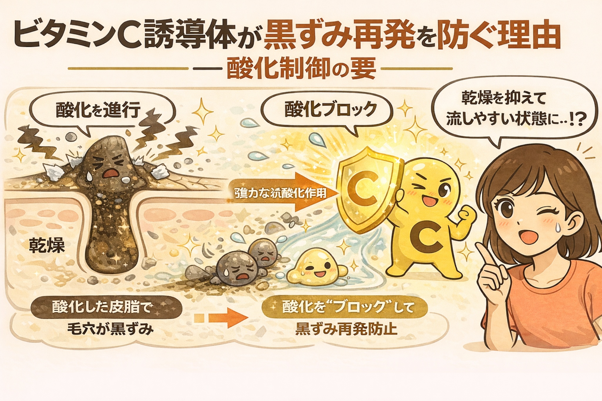 ビタミンC誘導体が黒ずみの再発を防ぐ理由を、酸化制御の視点で解説するイラスト。左では乾燥や酸化が進行し、皮脂が酸化して毛穴が黒ずむ様子が描かれている。中央ではビタミンC誘導体の抗酸化作用により酸化がブロックされ、右では黒ずみの再発が抑えられる流れが示されている。ビタミンC誘導体は黒ずみを除去するのではなく、酸化を抑えて再発を防ぐ役割であることを視覚的に説明する構図。