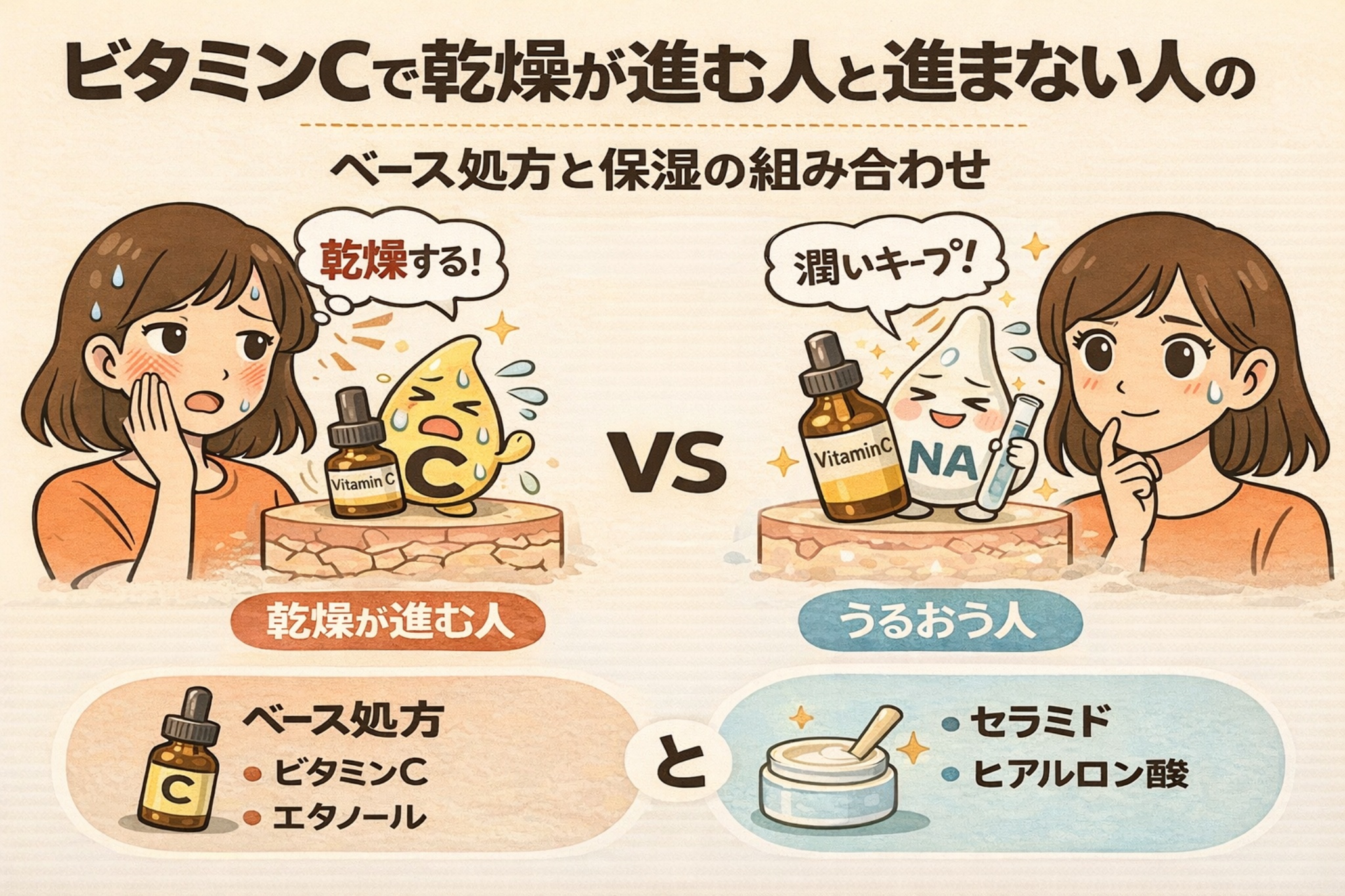 ビタミンC使用時に乾燥が進む人と進まない人の違いを比較したイラスト。左はビタミンCとエタノール中心の処方で乾燥を感じる女性とビタミンCの擬人化キャラクター、右はナイアシンアミドやセラミド・ヒアルロン酸などの保湿成分を組み合わせてうるおいを保つ女性が描かれ、ベース処方と保湿の組み合わせの重要性を示している。