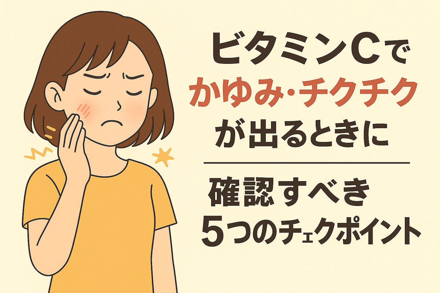 「ビタミンCでかゆみ・チクチクが出るときに確認すべき5つのチェックポイント」というタイトルの横で、頬をかゆそうに押さえながら眉をひそめる女性のイラスト。頬には赤みが描かれ、刺激を感じている様子がわかるデザイン。周囲の記号が不快感を強調し、ビタミンCによる刺激トラブルをテーマにした構図。